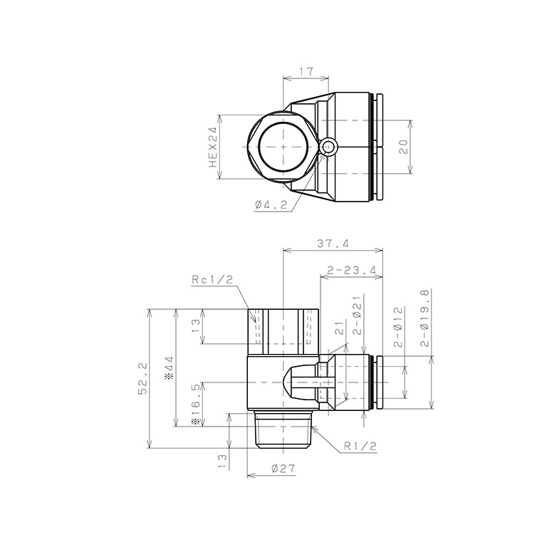 Bản vẽ kỹ thuật Đầu Nối Nhanh Khí Nén Hai Nhánh Cong 90° Đầu Lục Giác Trụ Ren Đực Cái Pisco PAF12-04