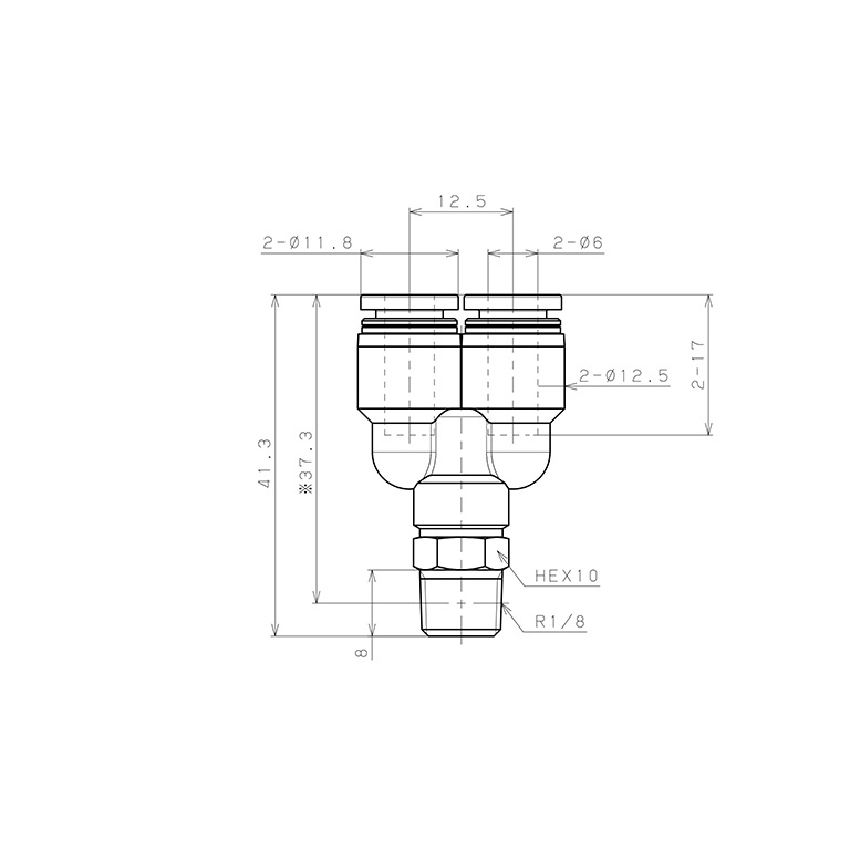 Bản vẽ kỹ thuật Đầu Nối Nhanh Khí Nén Dạng Chữ Y Ren Ngoài Pisco PX6-01W-C