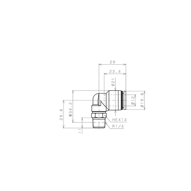 Bản vẽ kỹ thuật Đầu Nối Nhanh Khí Nén Dạng Cong 90° Ren Ngoài Pisco PL12-02W-C