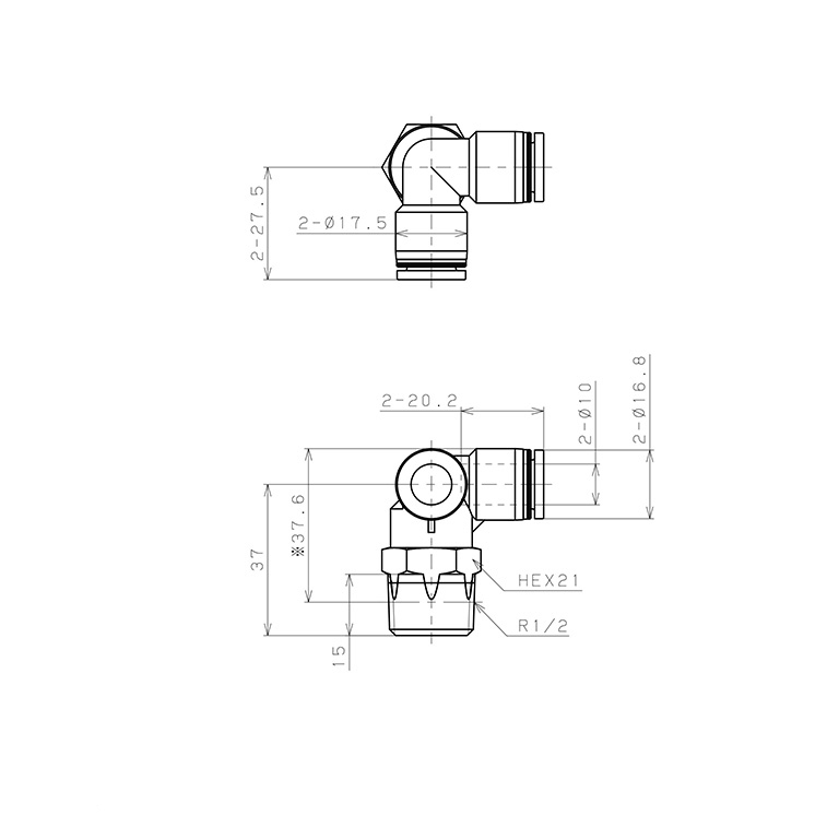 Bản vẽ kỹ thuật Đầu Nối Nhanh Khí Nén Hai Nhánh Chạc Ba Cong 90° Ren Ngoài Pisco PVX10-04