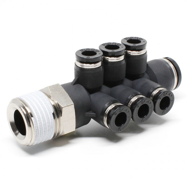 Đầu Nối Nhanh Khí Nén Dạng Chữ T Sáu Nhánh Ren Ngoài Pisco PKVD10-6-04