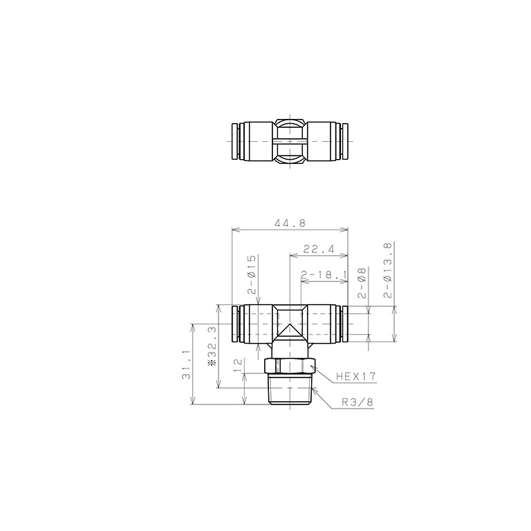 Bản vẽ kỹ thuật Đầu Nối Nhanh Khí Nén Dạng Chữ T Ren Ngoài Pisco SPPB8-03