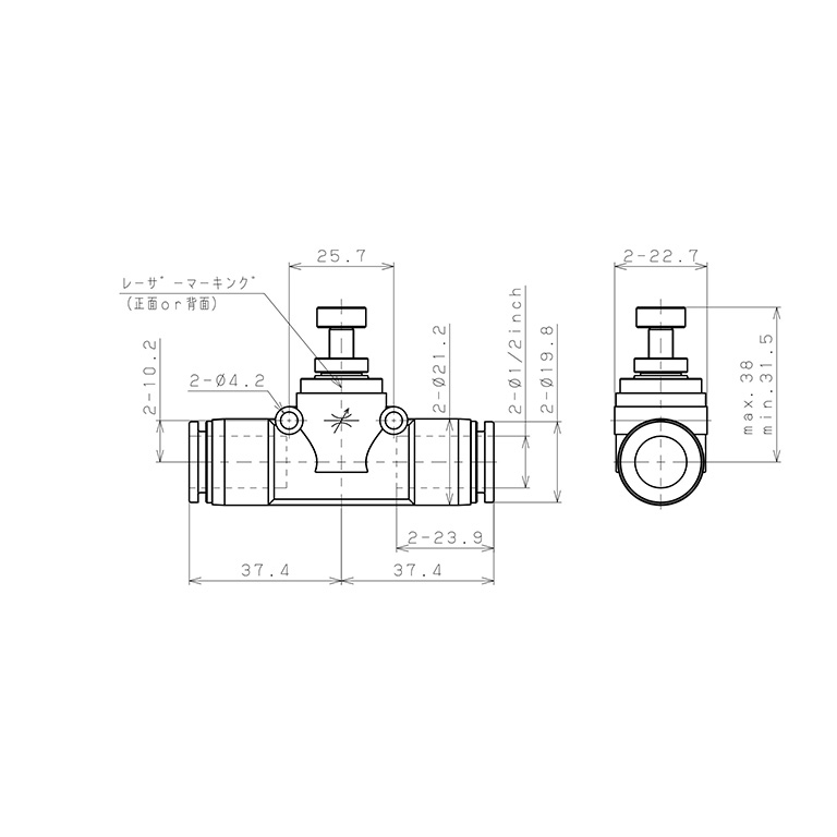 Bản vẽ kỹ thuật Van Tiết Lưu Khí Nén Chân Kim, Nhựa PP Và Inox 304 Pisco PJNMU1/2-F-C