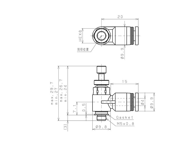 Bản vẽ kỹ thuật Van Tiết Lưu Khí Nén Bằng Nhựa PP Pisco PJSC4-M5BK