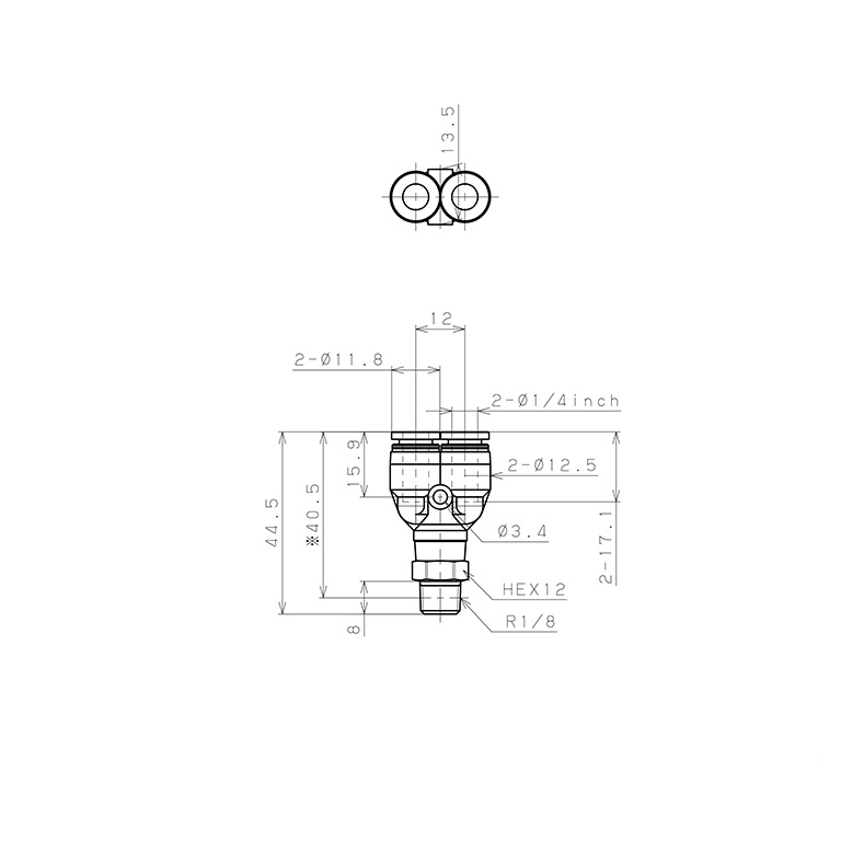 Bản vẽ kỹ thuật Đầu Nối Nhanh Khí Nén Dạng Chữ Y Ren Ngoài Pisco PPX1/4-01-F