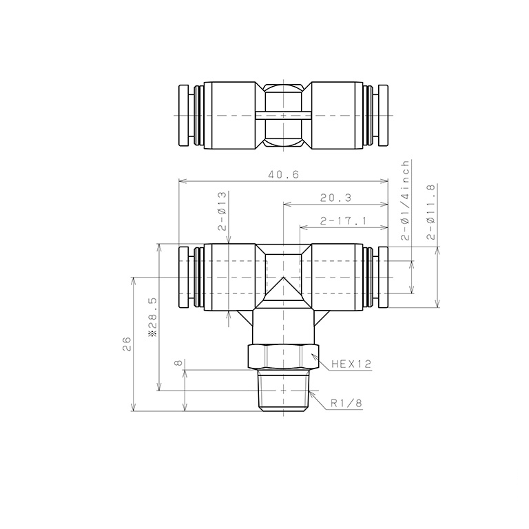 Bản vẽ kỹ thuật Đầu Nối Nhanh Khí Nén Dạng Chữ T Ren Ngoài Pisco PPB1/4-01