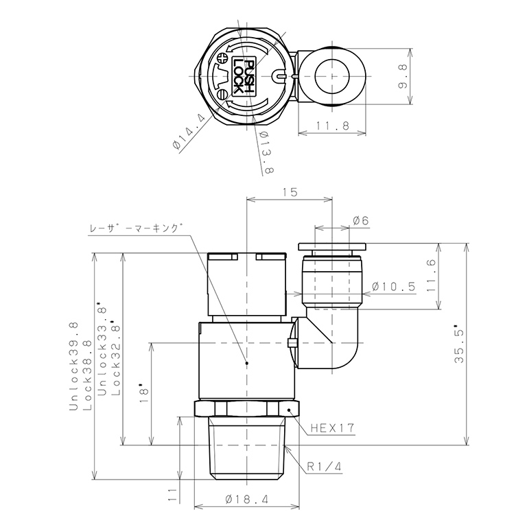 Bản vẽ kỹ thuật Van Tiết Lưu Khí Nén Loại Khóa Đẩy Có Hiển Thị Chỉ Số Pisco JSGS6-02BW