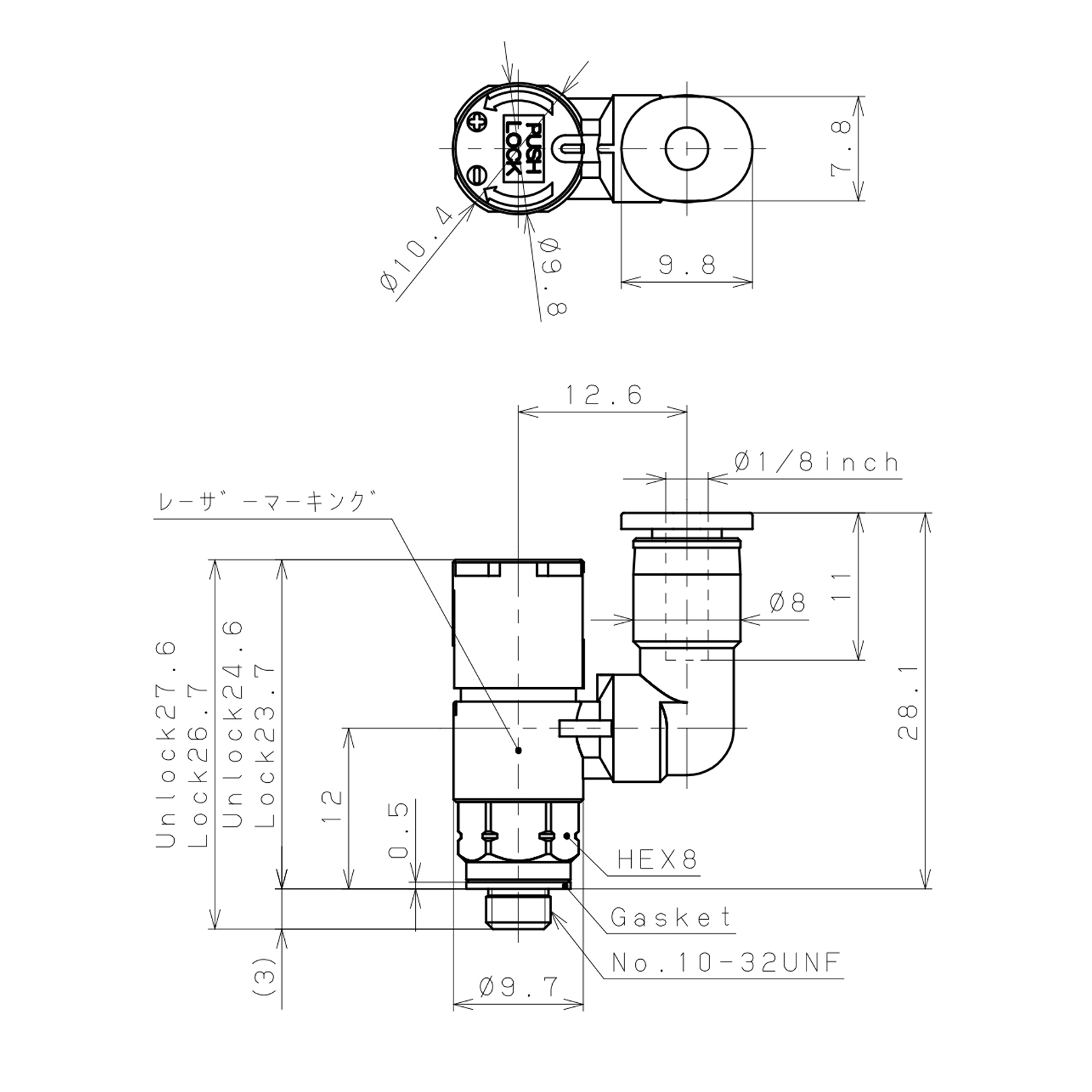 Bản vẽ kỹ thuật Van Tiết Lưu Khí Nén Loại Khóa Đẩy Có Hiển Thị Chỉ Số Pisco JSGS1/8-U10BLW