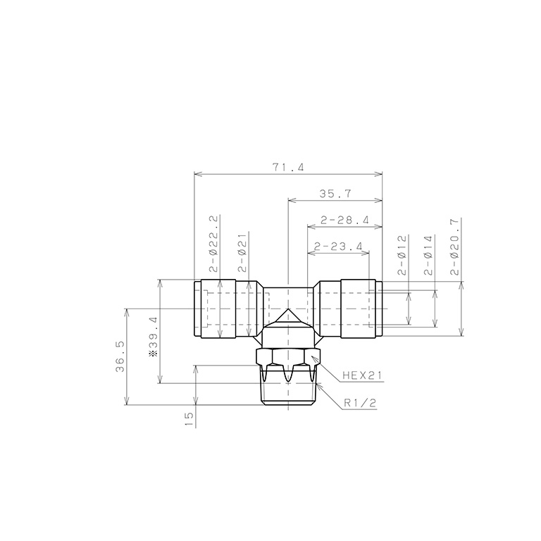 Bản vẽ kỹ thuật Đầu Nối Nhanh Khí Nén Dạng Chữ T Ren Ngoài Pisco PB12-04V-0