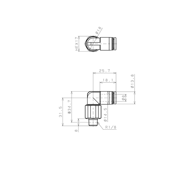Bản vẽ kỹ thuật Đầu Nối Nhanh Khí Nén Dạng Cong 90° Ren Ngoài Có Khớp Xoay Pisco RL8-01