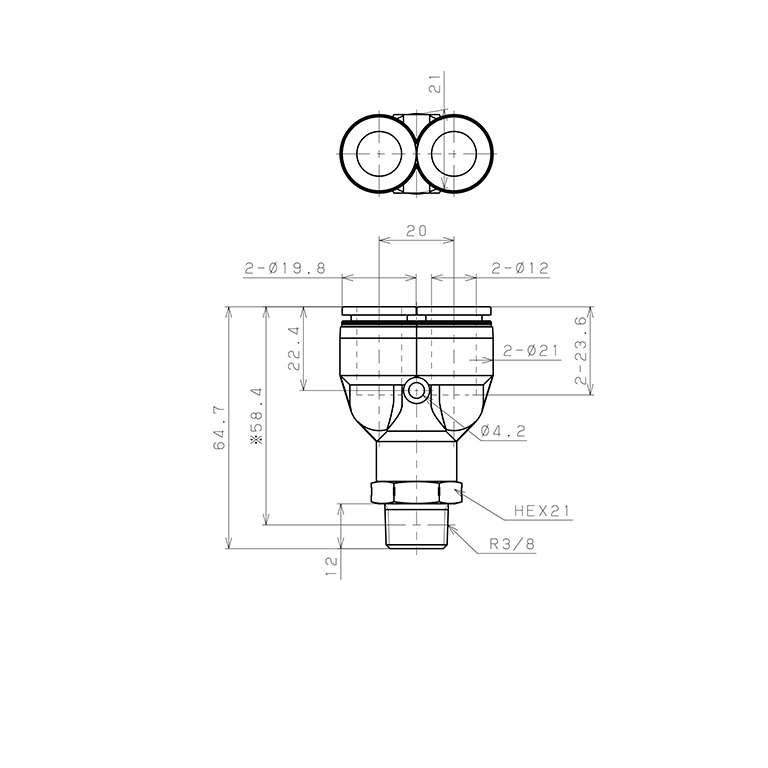 Bản vẽ kỹ thuật Đầu Nối Nhanh Khí Nén Dạng Chữ Y Ren Ngoài Pisco PPX12-03SUS-HN