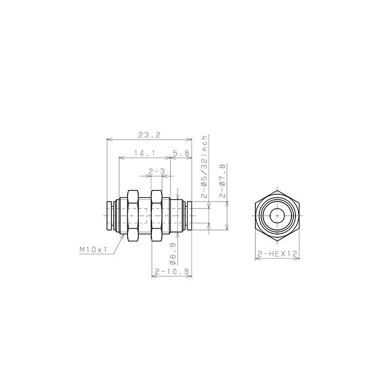 Bản vẽ kỹ thuật Đầu Nối Nhanh Khí Nén Dạng Thẳng Ren Ngoài Lắp Kẹp Vách Pisco PM5/32M