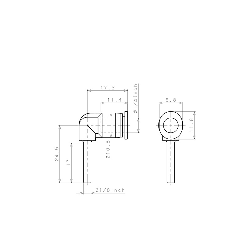 Bản vẽ kỹ thuật Đầu Nối Nhanh Khí Nén Giữa Ống Khí Và Fitting Dạng Nối Giảm Cong 90° Pisco PLGJ1/8-1/4M