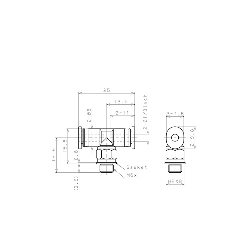 Bản vẽ kỹ thuật Đầu Nối Nhanh Khí Nén Dạng Chữ T Ren Ngoài Pisco PB1/8-M6MW