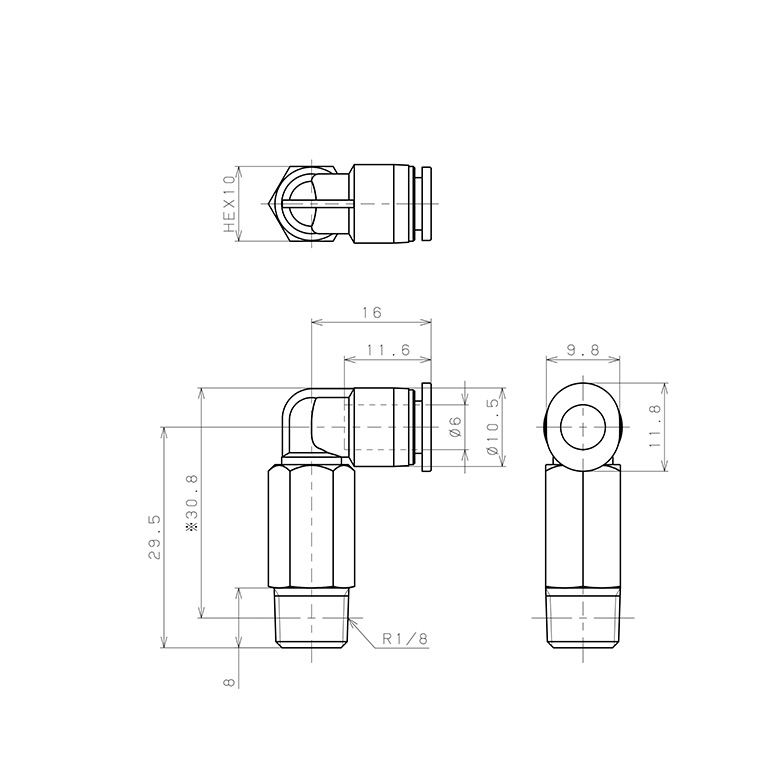 Bản vẽ kỹ thuật Đầu Nối Nhanh Khí Nén Dạng Cong 90° Ren Ngoài (Dài) Pisco PLL6-01M