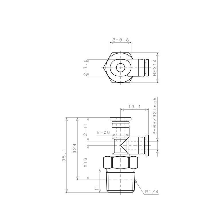 Bản vẽ kỹ thuật Đầu Nối Nhanh Khí Nén Dạng Chữ T Ren Ngoài Pisco PD5/32-02M