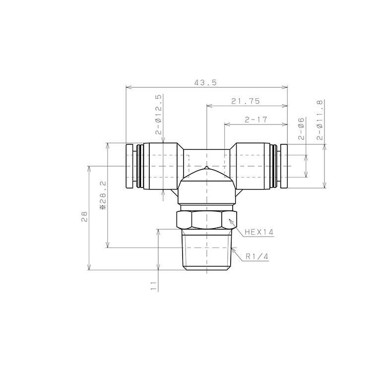 Bản vẽ kỹ thuật Đầu Nối Nhanh Khí Nén Dạng Chữ T Ren Ngoài Pisco PB6-02W-C