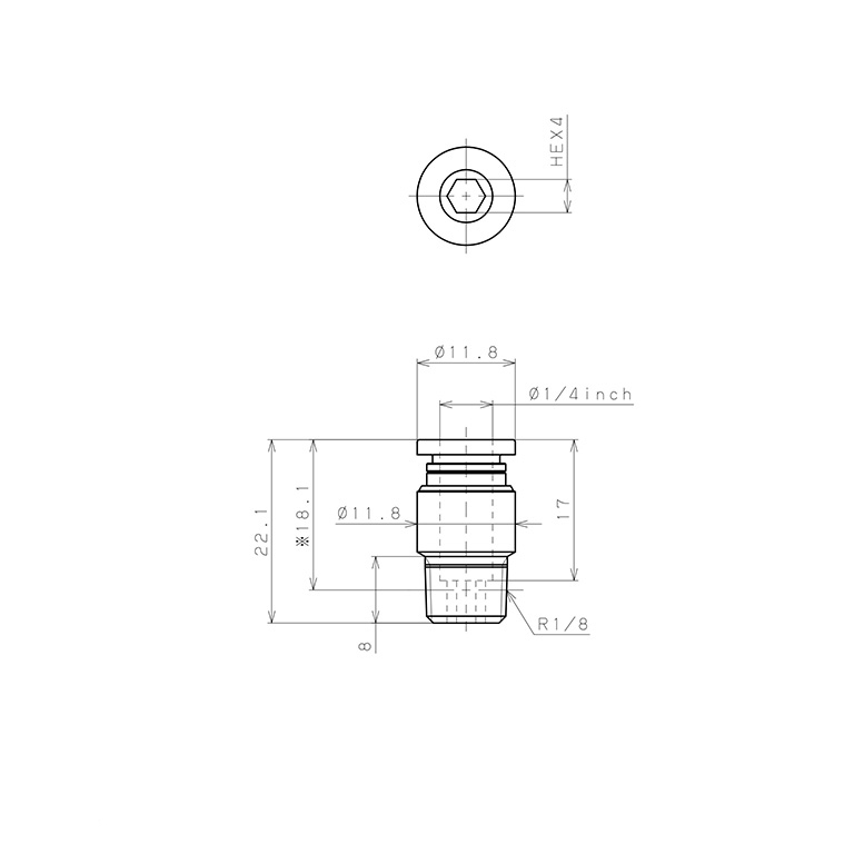 Bản vẽ kỹ thuật Đầu Nối Nhanh Khí Nén Dạng Thẳng Ren Ngoài Pisco POC1/4-01-C