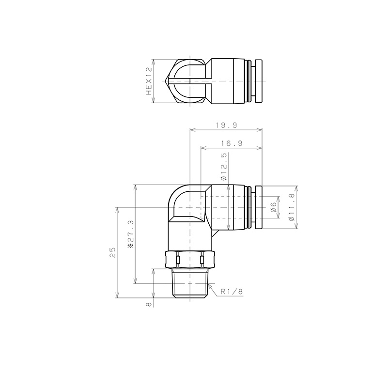 Bản vẽ kỹ thuật Đầu Nối Nhanh Khí Nén Dạng Cong 90° Ren Ngoài Pisco PL6-01SUS