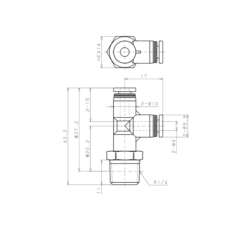 Bản vẽ kỹ thuật Đầu Nối Nhanh Khí Nén Dạng Chữ T Ren Ngoài Pisco PD4-02SUS