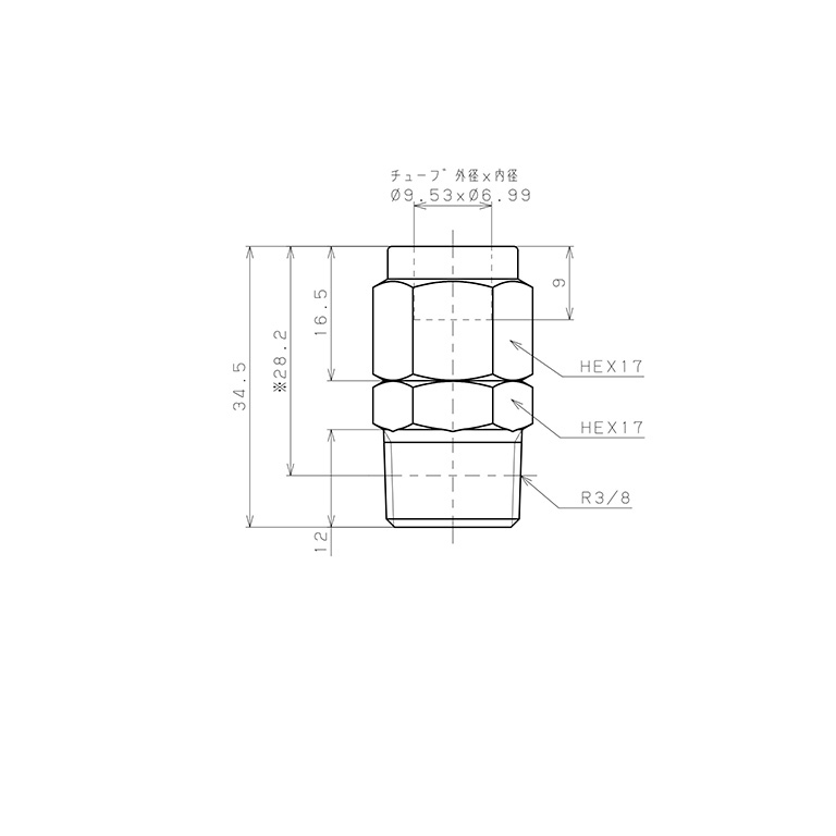 Bản vẽ kỹ thuật Đầu Ngạnh Nối Ống Có Đai Ốc Xiết Dạng Thẳng Thân Lục Giác Ren Ngoài Pisco NSC3/8-03-TP