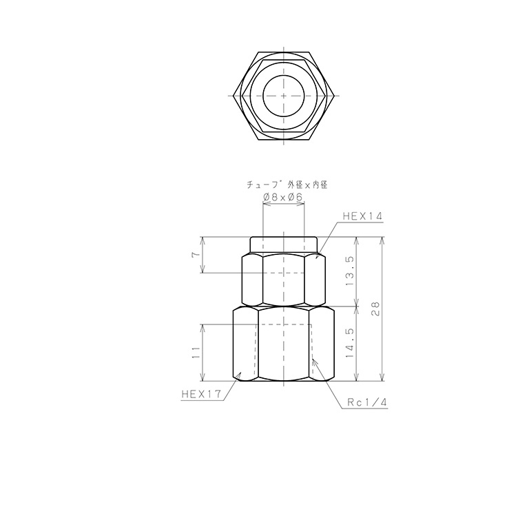 Bản vẽ kỹ thuật Đầu Ngạnh Nối Ống Có Đai Ốc Xiết Dạng Thẳng Thân Lục Giác Ren Trong Pisco NSCF0860-02