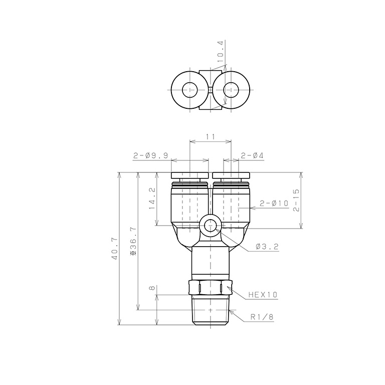 Bản vẽ kỹ thuật Đầu Nối Nhanh Khí Nén Dạng Chữ Y Ren Ngoài Pisco PX4-01SUS