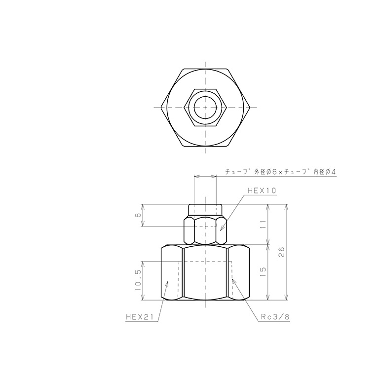 Bản vẽ kỹ thuật Đầu Ngạnh Nối Ống Có Đai Ốc Xiết Dạng Thẳng Thân Lục Giác Ren Trong Pisco NKCF0640-03