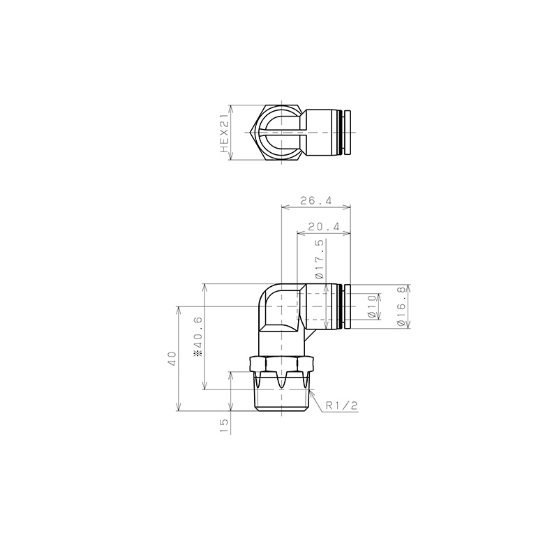 Bản vẽ kỹ thuật Đầu Nối Nhanh Khí Nén Dạng Cong 90° Ren Ngoài Pisco PL10-04SUS