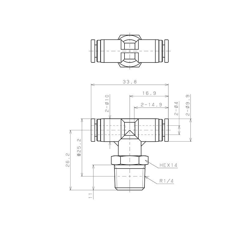 Bản vẽ kỹ thuật Đầu Nối Nhanh Khí Nén Dạng Chữ T Ren Ngoài Pisco SPB4-02