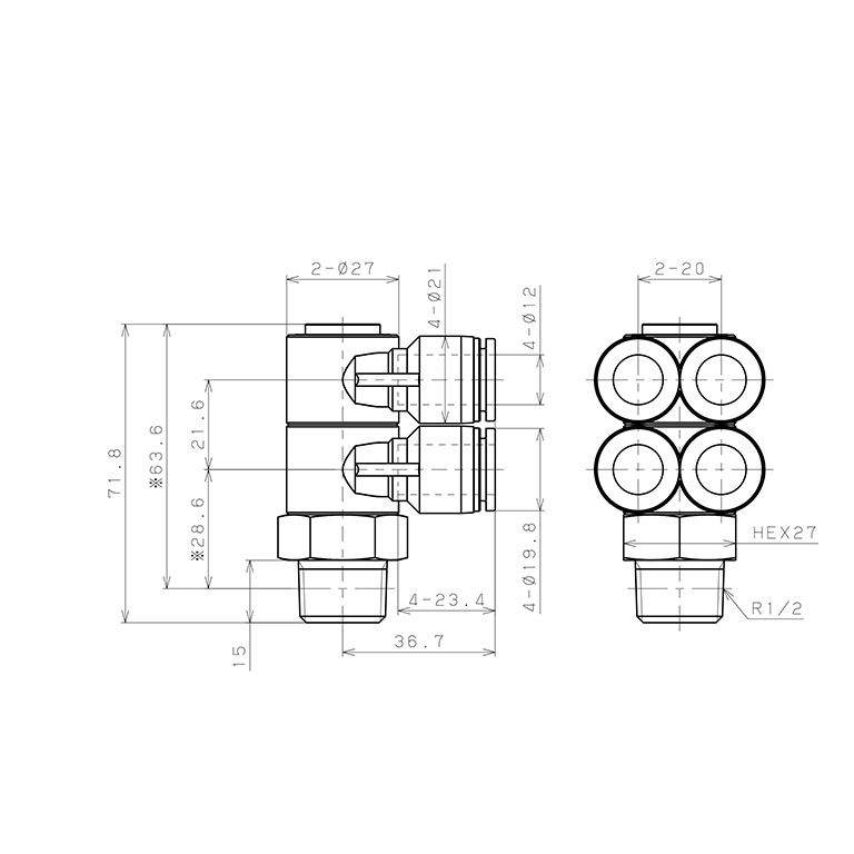 Bản vẽ kỹ thuật Đầu Nối Nhanh Khí Nén Bốn Nhánh Cong 90° Thân Lục Giác Trụ Ren Ngoài Pisco SPAW12-04