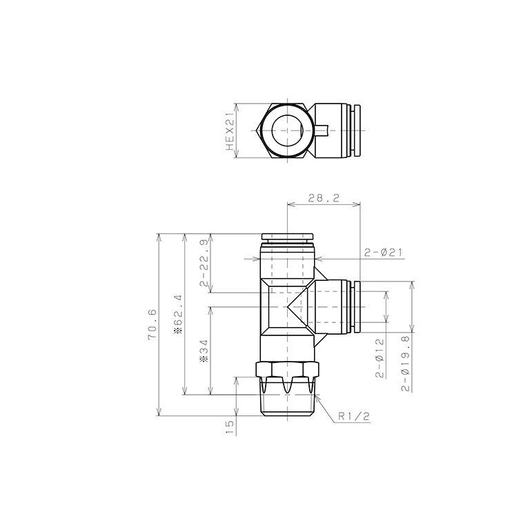 Bản vẽ kỹ thuật Đầu Nối Nhanh Khí Nén Dạng Chữ T Ren Ngoài Pisco SPD12-04