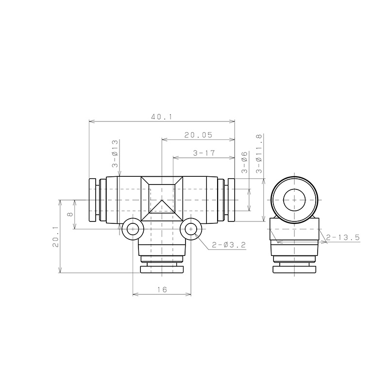 Bản vẽ kỹ thuật Đầu Nối Nhanh Khí Nén Chữ T Pisco SPE6-UC