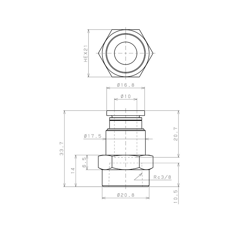 Bản vẽ kỹ thuật Đầu Nối Nhanh Khí Nén Dạng Thẳng Ren Trong Pisco PCF10-03W-C