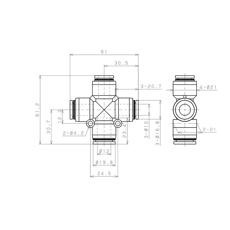 Bản vẽ kỹ thuật Đầu Nối Nhanh Khí Nén Ngã 4 Dạng Nối Giảm Pisco PZC12-10W