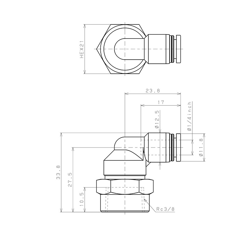 Bản vẽ kỹ thuật Đầu Nối Nhanh Khí Nén Dạng Cong 90° Ren Trong Pisco PLF1/4-03