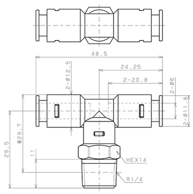 Bản vẽ kỹ thuật Đầu Nối Nhanh Khí Nén Dạng Chữ T Ren Ngoài Pisco APB6-02-N