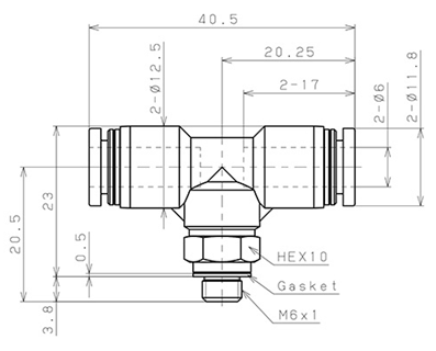 Bản vẽ kỹ thuật Đầu Nối Nhanh Khí Nén Chữ T Phi 6mm Ren Ngoài M6 Pisco PB6-M6