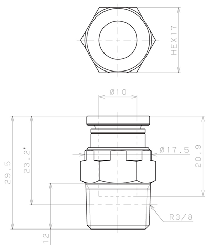 Bản vẽ kỹ thuật Đầu Nối Nhanh Khí Nén Dạng Thẳng Thân Lục Giác Ren Ngoài Pisco KC10-03-1-F