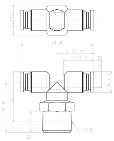 Bản vẽ kỹ thuật Đầu Nối Nhanh Khí Nén Dạng Chữ T Ren Ngoài Pisco KB6-03-1