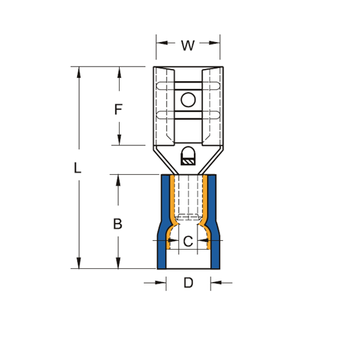 Bản vẽ kỹ thuật Đầu Cosse Ghim Cái Double Crimp Cách Điện Toàn Phần Màu Xanh KST 2 mm2 FDD2-250