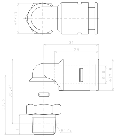 Bản vẽ kỹ thuật Đầu Nối Nhanh Khí Nén Dạng Cong 90° Ren Ngoài Pisco APL10-02