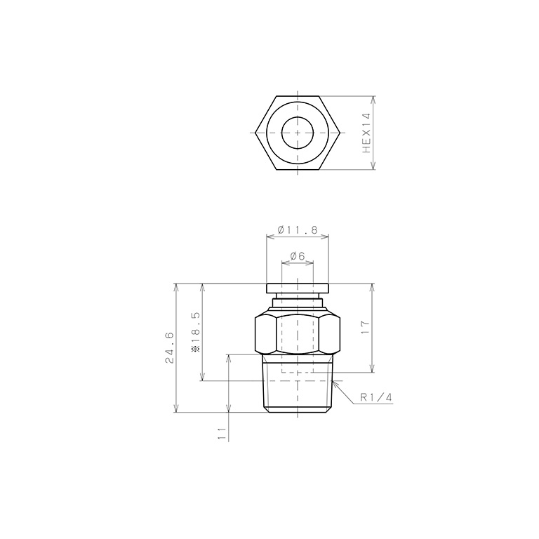Bản vẽ kỹ thuật Đầu Nối Nhanh Khí Nén Dạng Thẳng Thân Lục Giác Ren Ngoài Pisco SPC6-02-UC