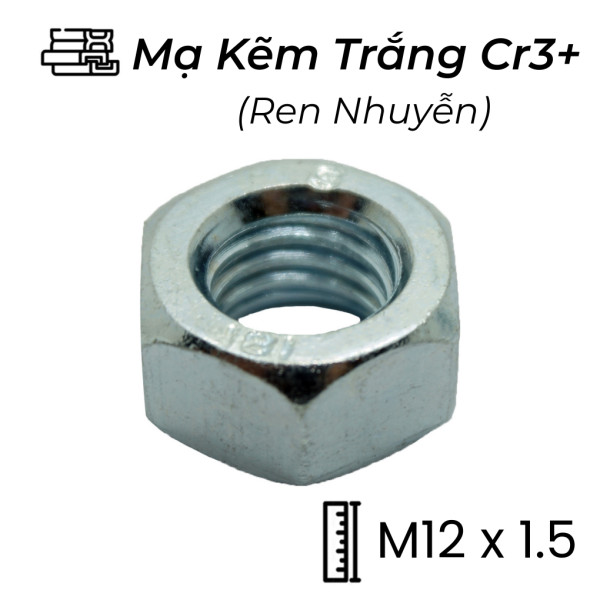 Tán Thép Mạ Kẽm Trắng Cr3+ 8.8 DIN934 M12x1.5 Ren Nhuyễn
