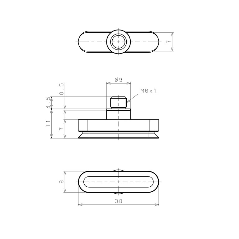 Bản vẽ kỹ thuật Bộ Nấm Hút Chân Không Hình Oval Bầu Dục Có Vít Ren, Nitrile,  O.D 8x30 mm, Pisco VP8x30EN-M6