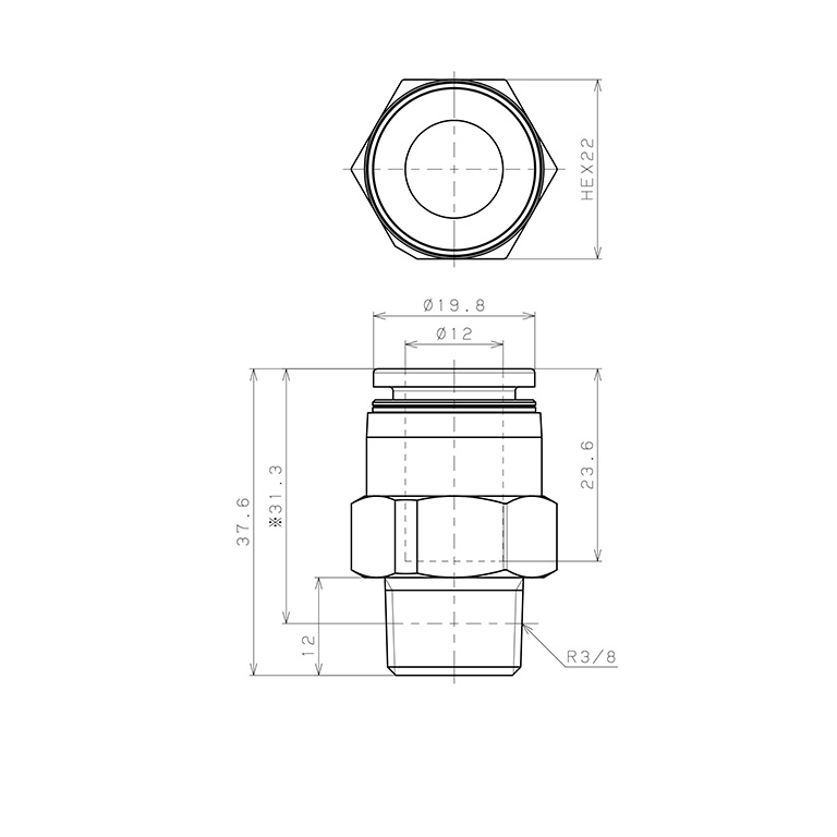 Bản vẽ kỹ thuật Đầu Nối Nhanh Khí Nén Dạng Thẳng Thân Lục Giác Ren Ngoài Pisco PPC12-03-F