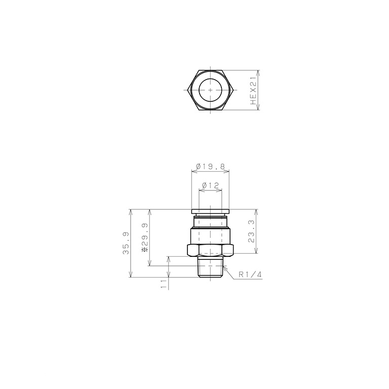 Bản vẽ kỹ thuật Đầu Nối Nhanh Khí Nén Dạng Thẳng Thân Lục Giác Ren Ngoài Pisco PC12-02-C