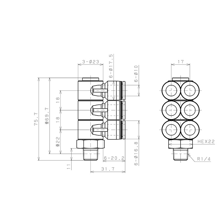 Bản vẽ kỹ thuật Đầu Nối Nhanh Khí Nén Sáu Nhánh Cong 90° Thân Lục Giác Trụ Ren Ngoài Pisco PAT10-02