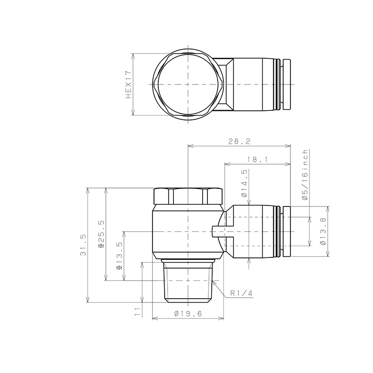 Bản vẽ kỹ thuật Đầu Nối Nhanh Khí Nén Cong 90° Đầu Lục Giác Trụ Ren Ngoài Pisco PH5/16-02