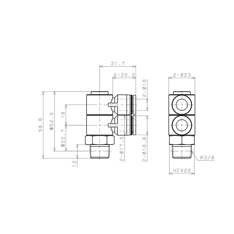 Bản vẽ kỹ thuật Đầu Nối Nhanh Khí Nén Hai Nhánh Cong 90° Thân Lục Giác Trụ Ren Ngoài Pisco PHW10-03-C